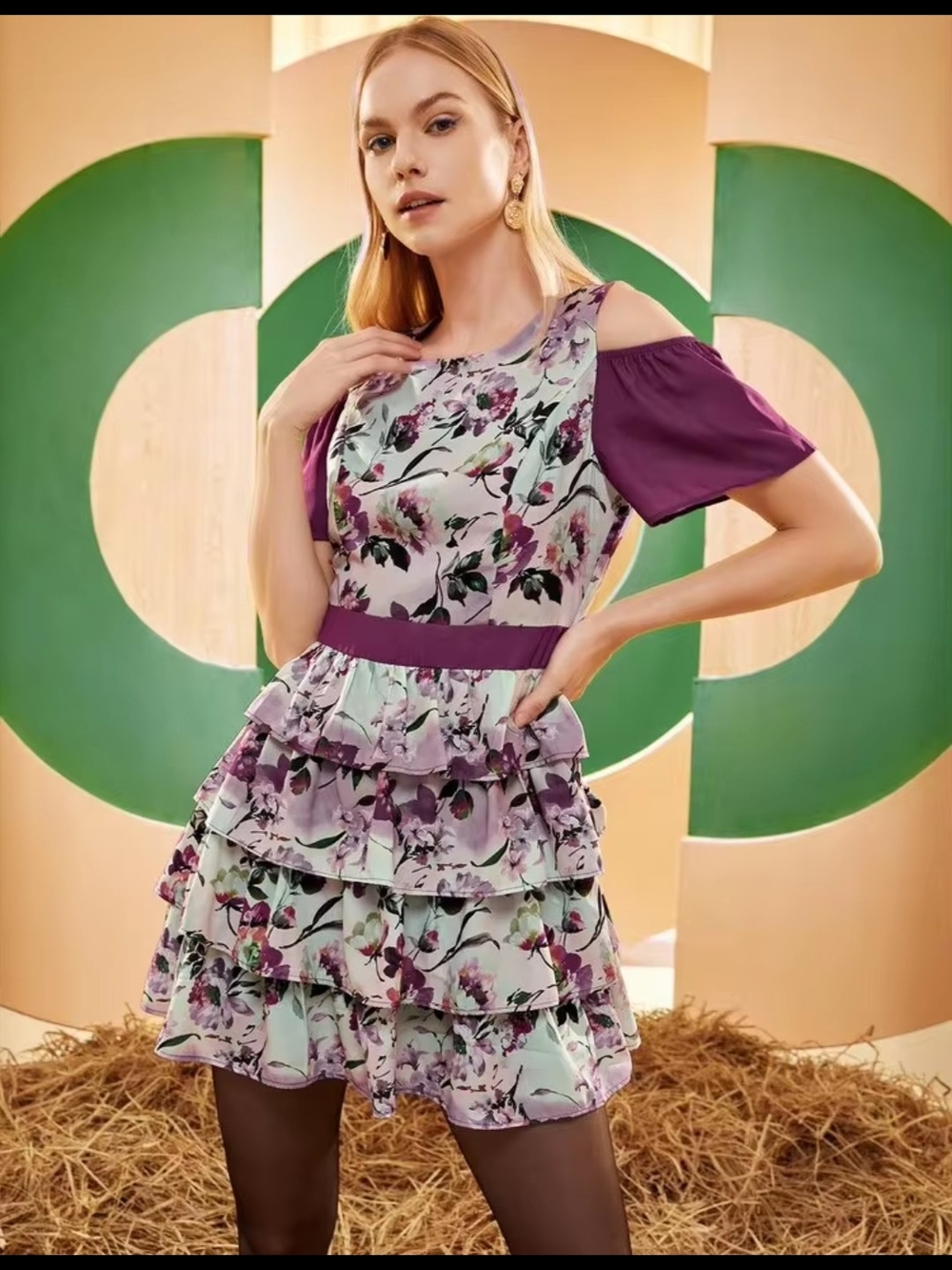 ♥️ NEW SHEIN Floral Tiered Cold-Shoulder Dress in Lavender